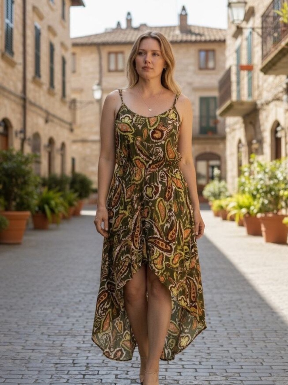 EARTHBOUND Olive Paisley High-Low Sundress